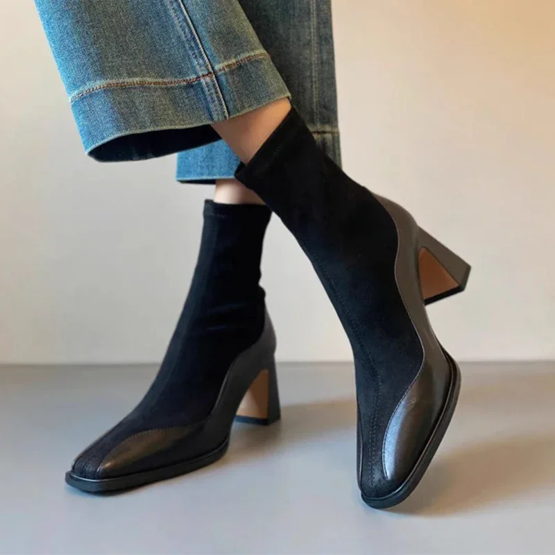 Women Square Toe High Heels Boots Winter Brand Ankle Chunky Suede Shoes 2025 Trend Sexy Snow Chelsea Boots Elegant Botas Mujer