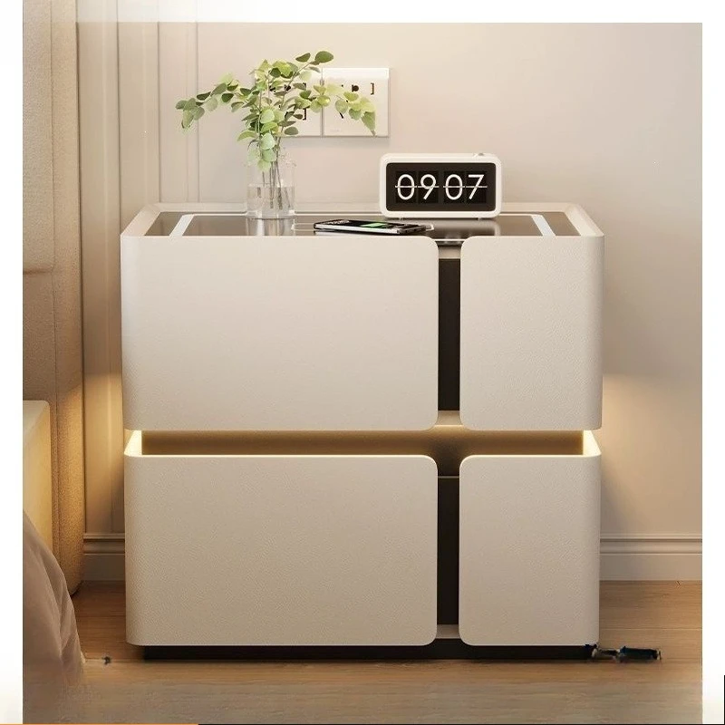 Modern LED Nightstand 4 Drawers Tempered Glass Top Bedroom Living Room Home Storage Furniture Ambient Lighting Bedside Cupboard