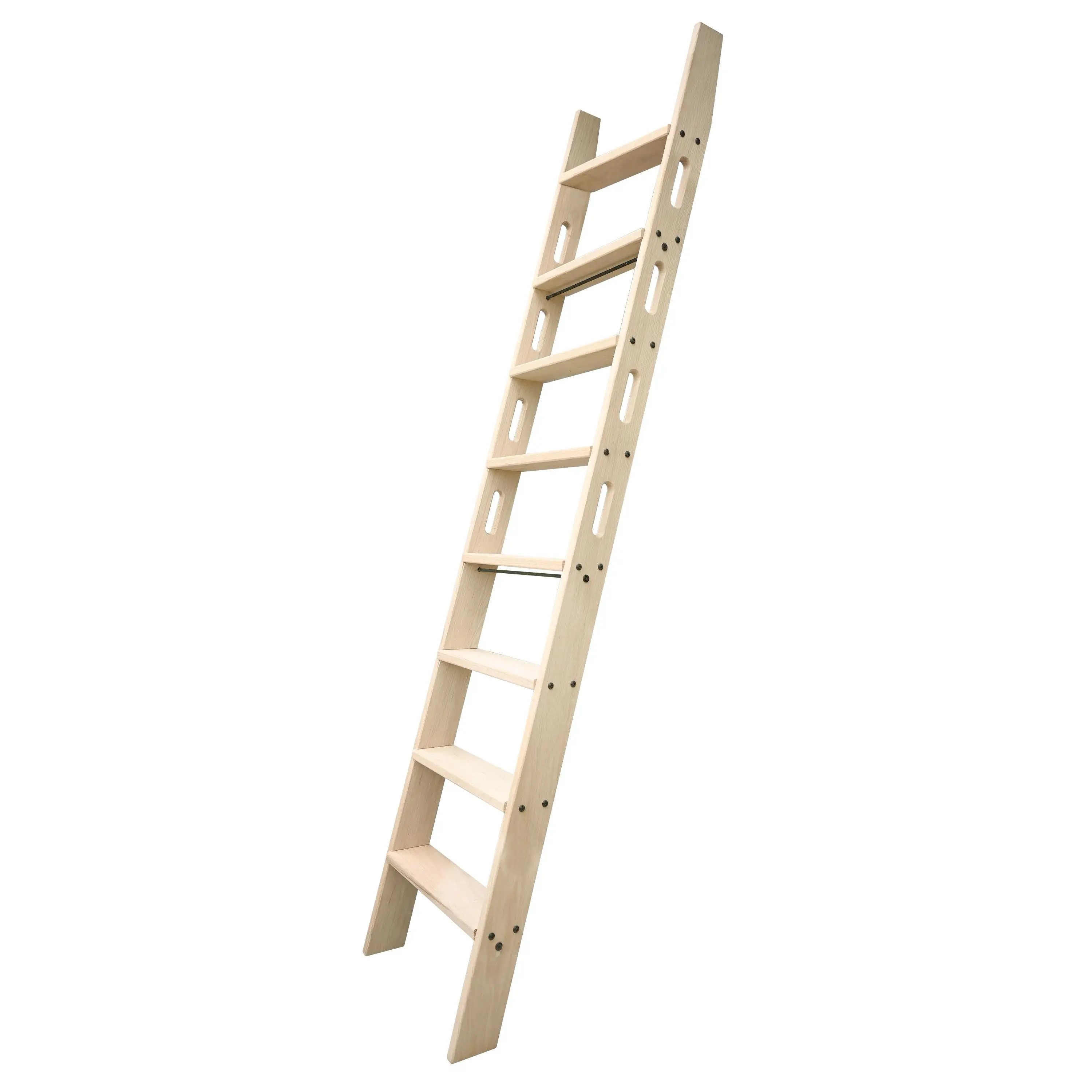 Natural Knotty Pine Wood Sliding Library Durable Step Ladder Rolling Ladder