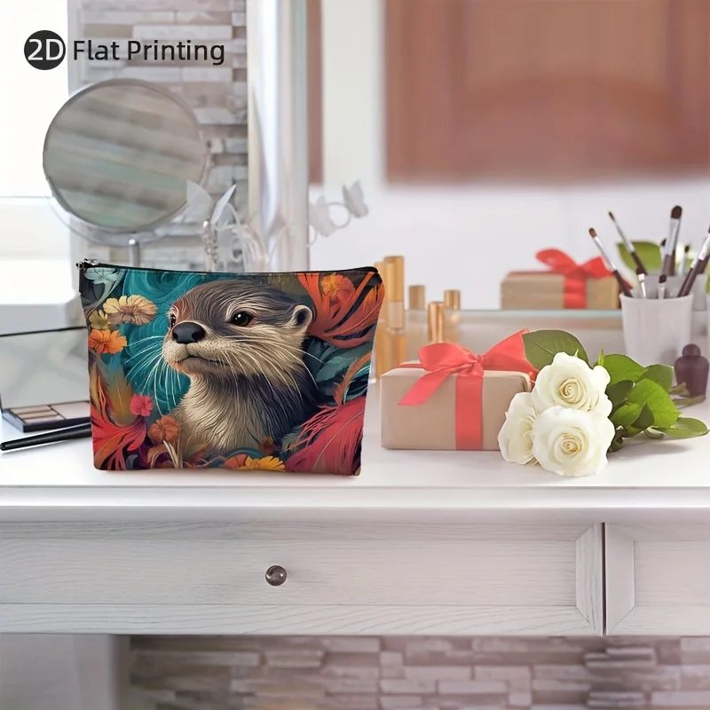 Kolorowa kosmetyczka w kwiaty i z motywem wydry - wielofunkcyjna saszetka na zamek błyskawiczny, etui na biżuterię, idealna podróżna mała torba do przechowywania na zamek błyskawiczny.