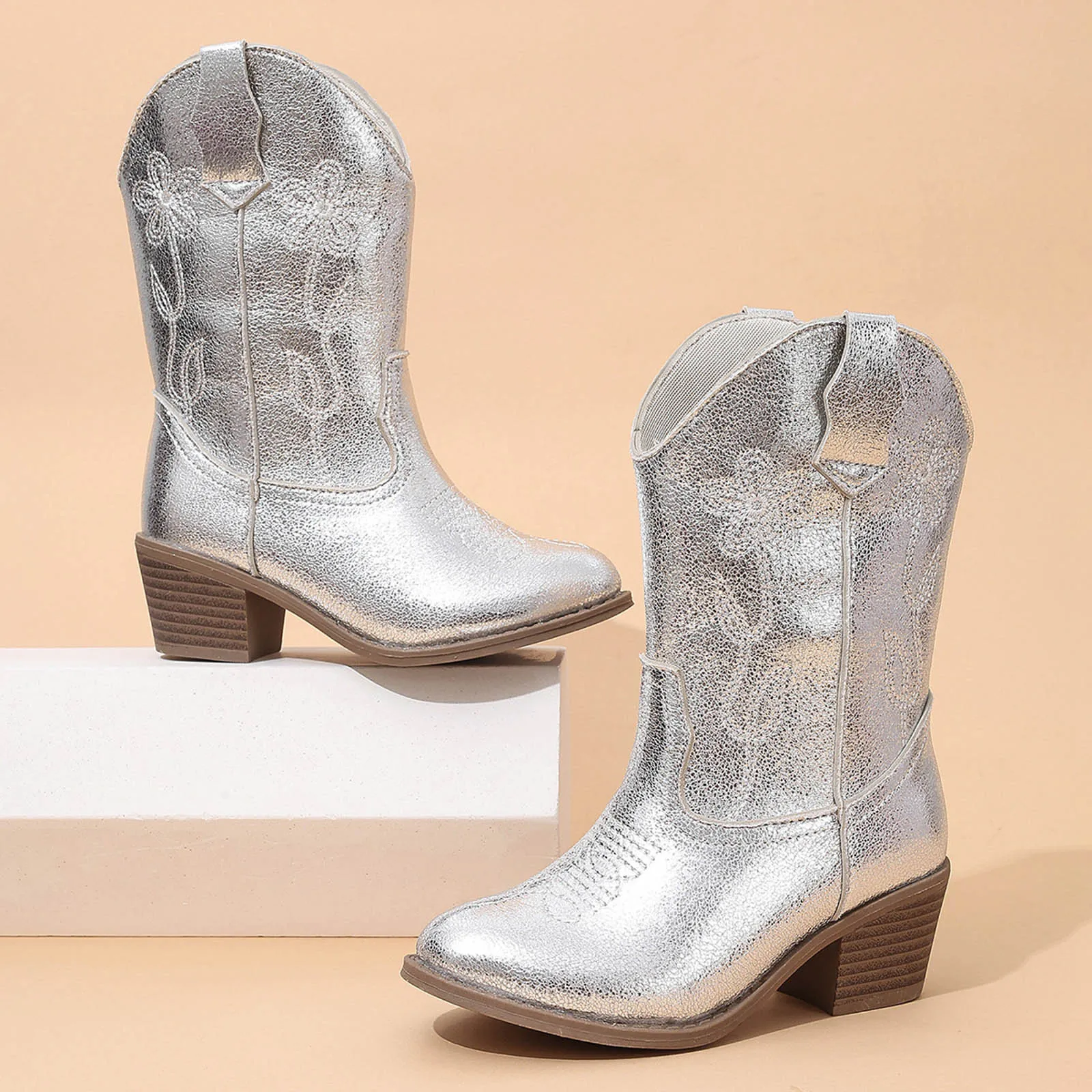 

Модные ботинки в стиле вестерн для девочек, повседневная одежда до середины икры на массивном каблуке с вышивкой, botas blancas niña