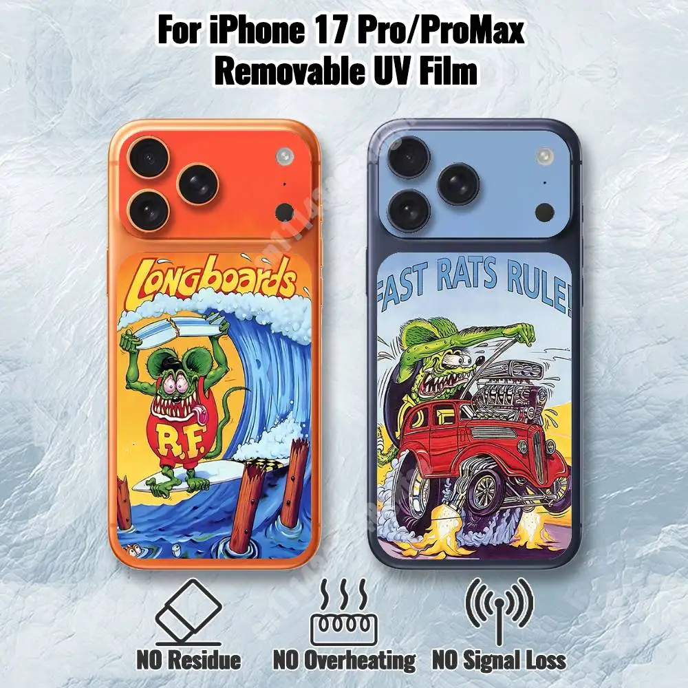 Съемная УФ-пленка с изображением мультяшного персонажа R-Rat F-Fink для iPhone 17 Pro и 17 ProMax, HD-наклейка на заднюю панель.