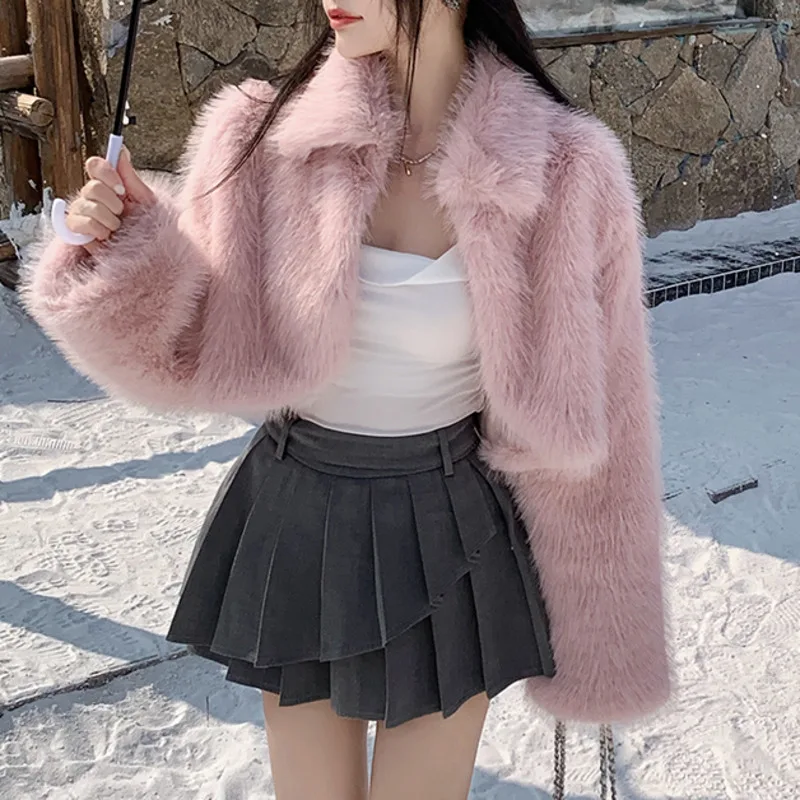 [EWQ] Casual Solid Colors Lapel Short Faux Fox Fur Coat Long Sleeve All-match Keep Warm Women Fur Jacket 2024 New Tide 16O3741