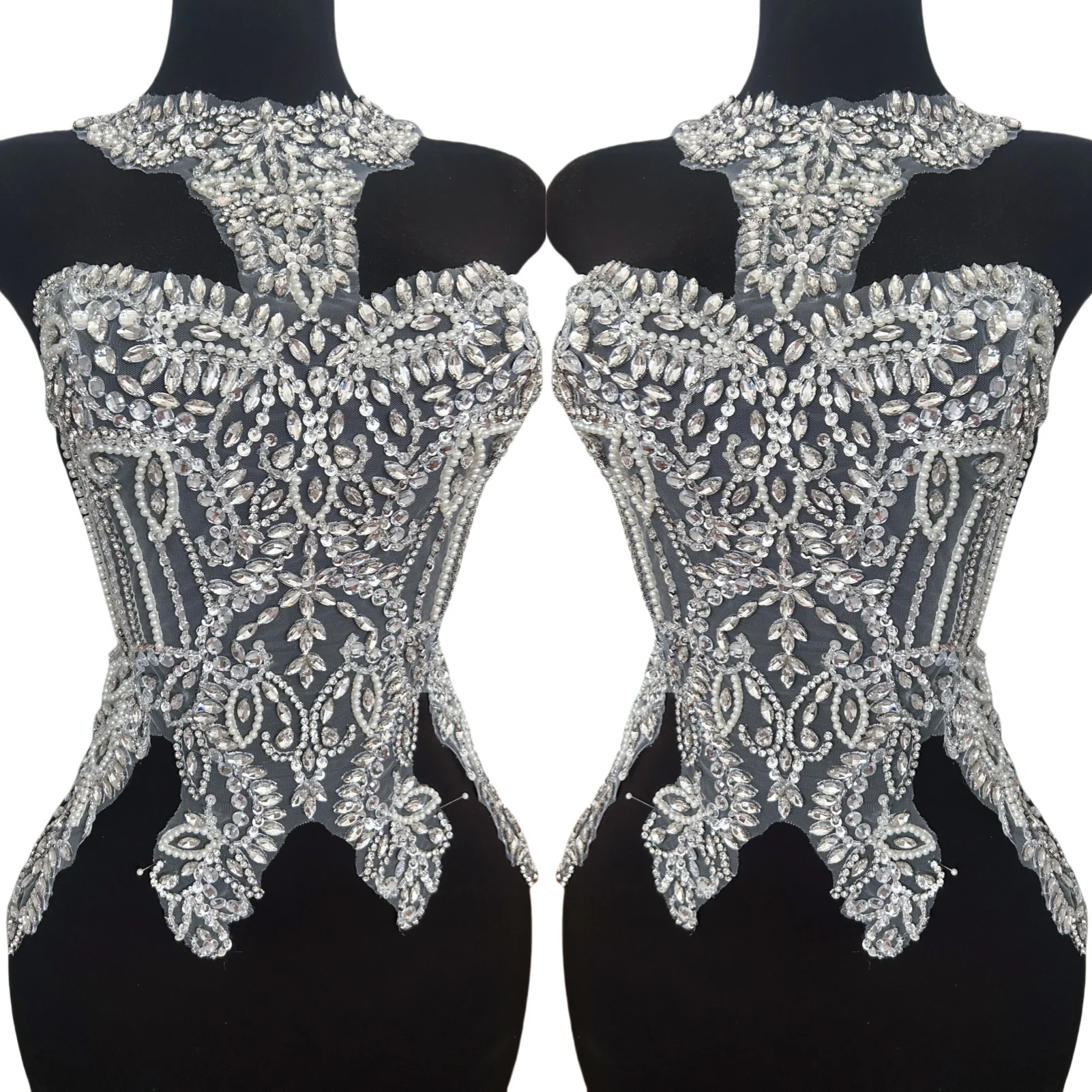 White Patches Hand Beaded Sew on Crystals Rhinestones Sequins Appliquess 3D Neck Chest Wedding Costumes Sewing For Carnival