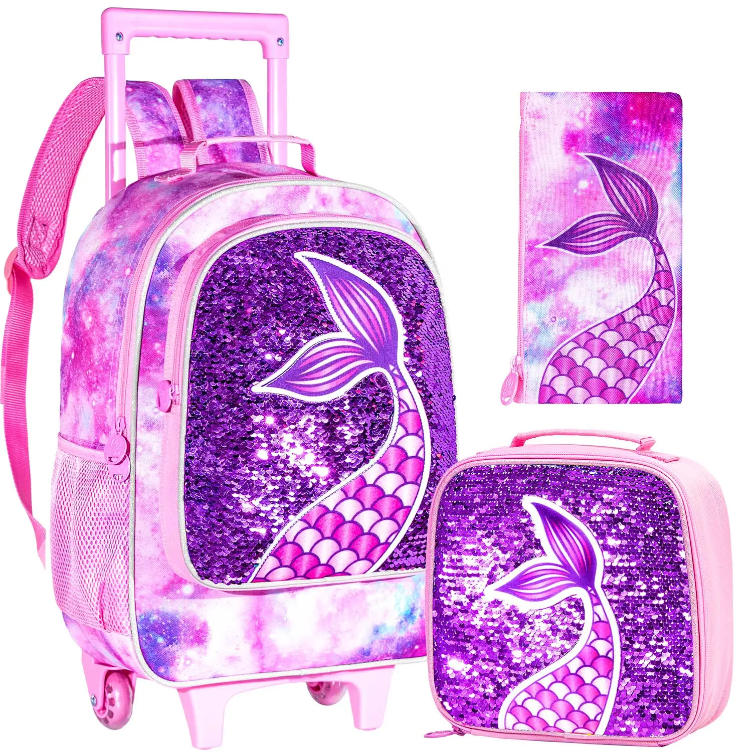 

3PCS Rolling Backpack for Girls Boys, Kids Roller Wheels Bookbag, Wheeled School Bag with Lunch Bag