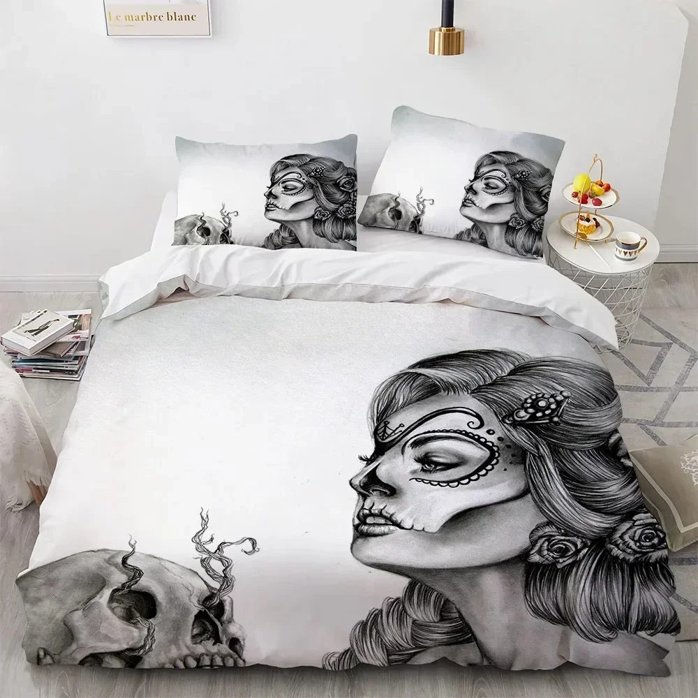 

Luxury New 3D Print Sugar Skull King Queen Duvet Cover Day of The Dead Skeleton Bedding Set Red Rose Lady Skull Quilt Cover