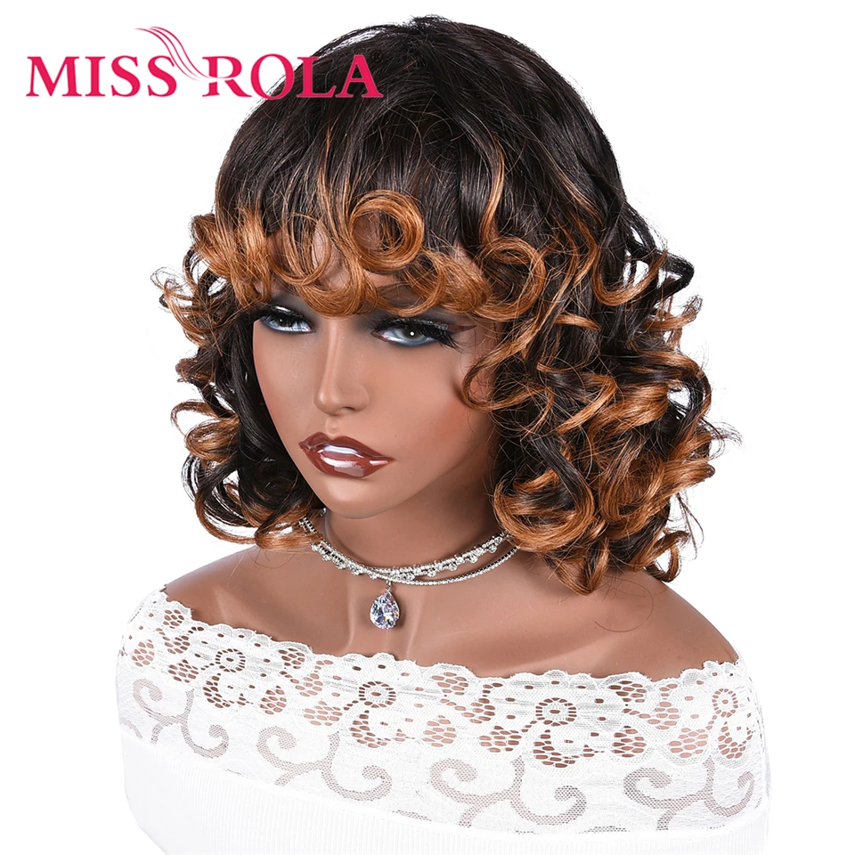 Miss Rola Brazilian Bouncy Curly Human Hair Wigs Machine Made Hair Wig With Bangs Ombre T1B/30 Remy Lace Wig 180% Density