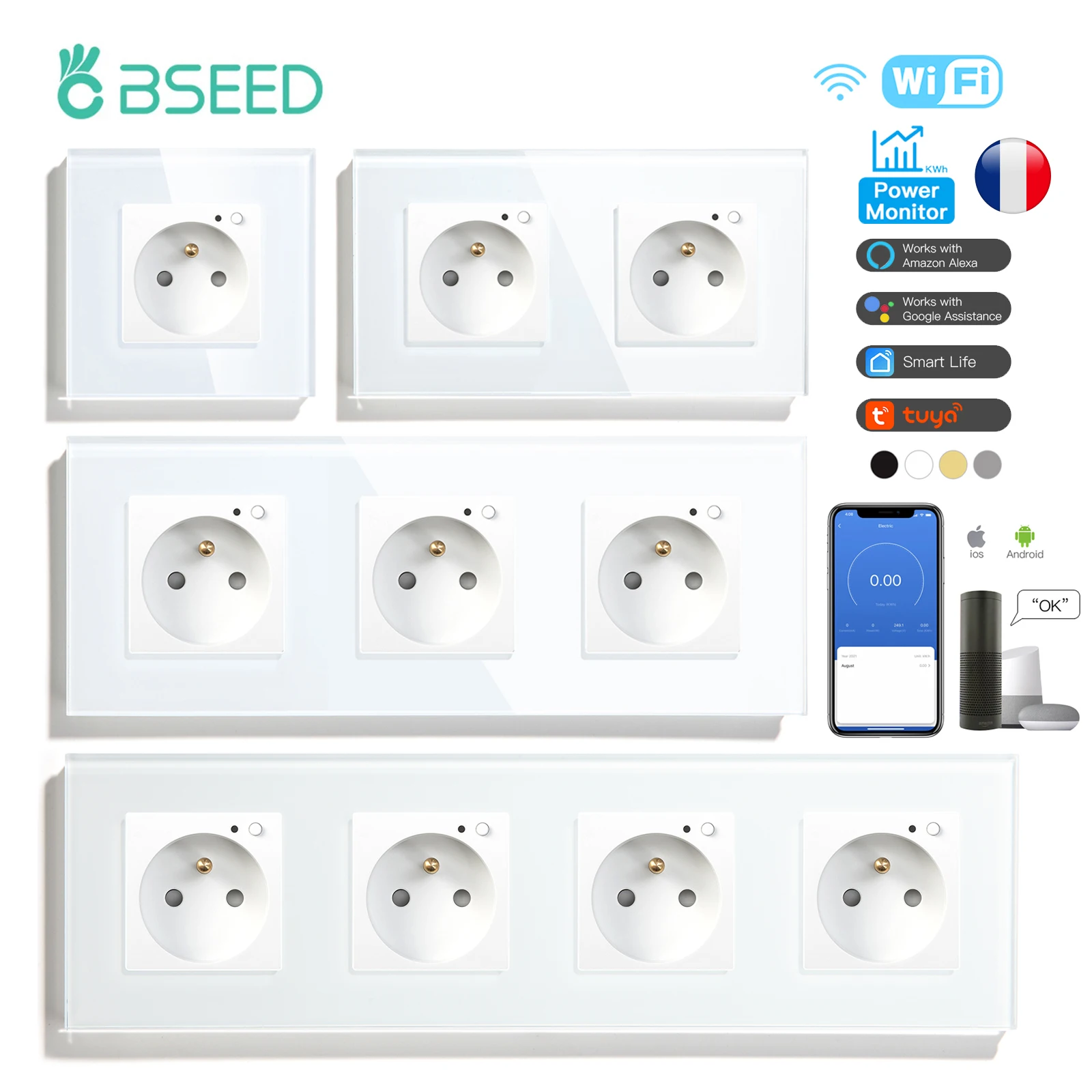 BSEED Single Wifi French Socket Double Power Monitor Wall Sockets Triple Smart Outlets Glass Frame Tuya Smart Life Control