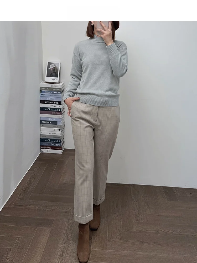 

Fce Lined Thi Warm Slim Fit Plaid Versatile Slightly Stretchy Ankle Length Boot Cut Pants Straight Tube Trousers