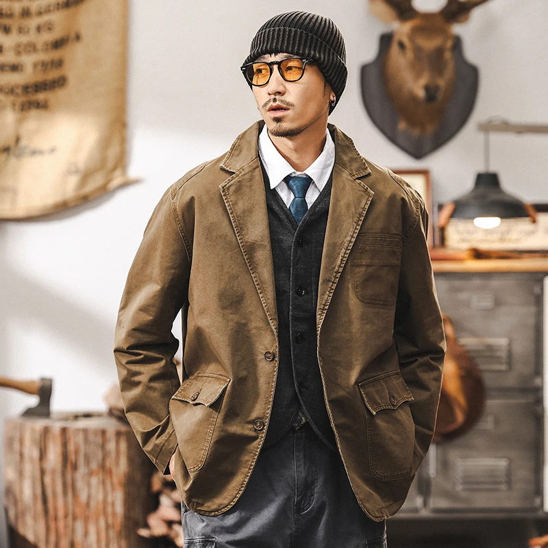 Amekaji Men's American Retro Casual Blazer in Maillard Tones 2025 Autumn 100% Cotton Distressed-Wash Utility Suit Jacket