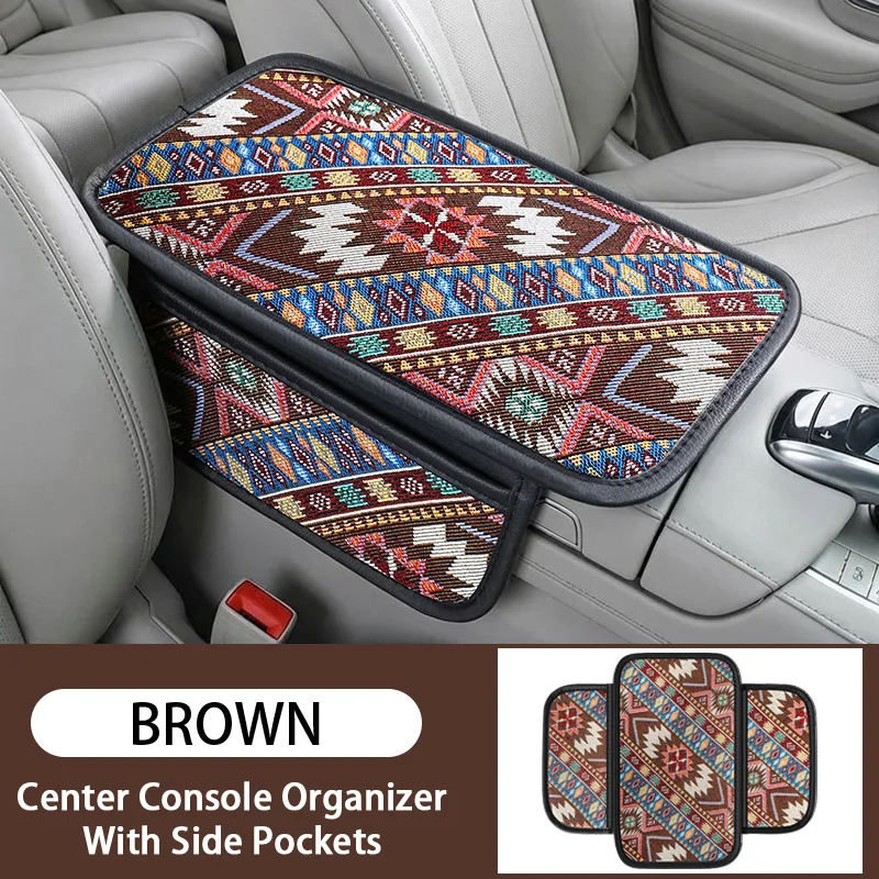 

1PC Double pocket ethnic style patterned car center console armrest pad, breathable and non slip, car interior accessories