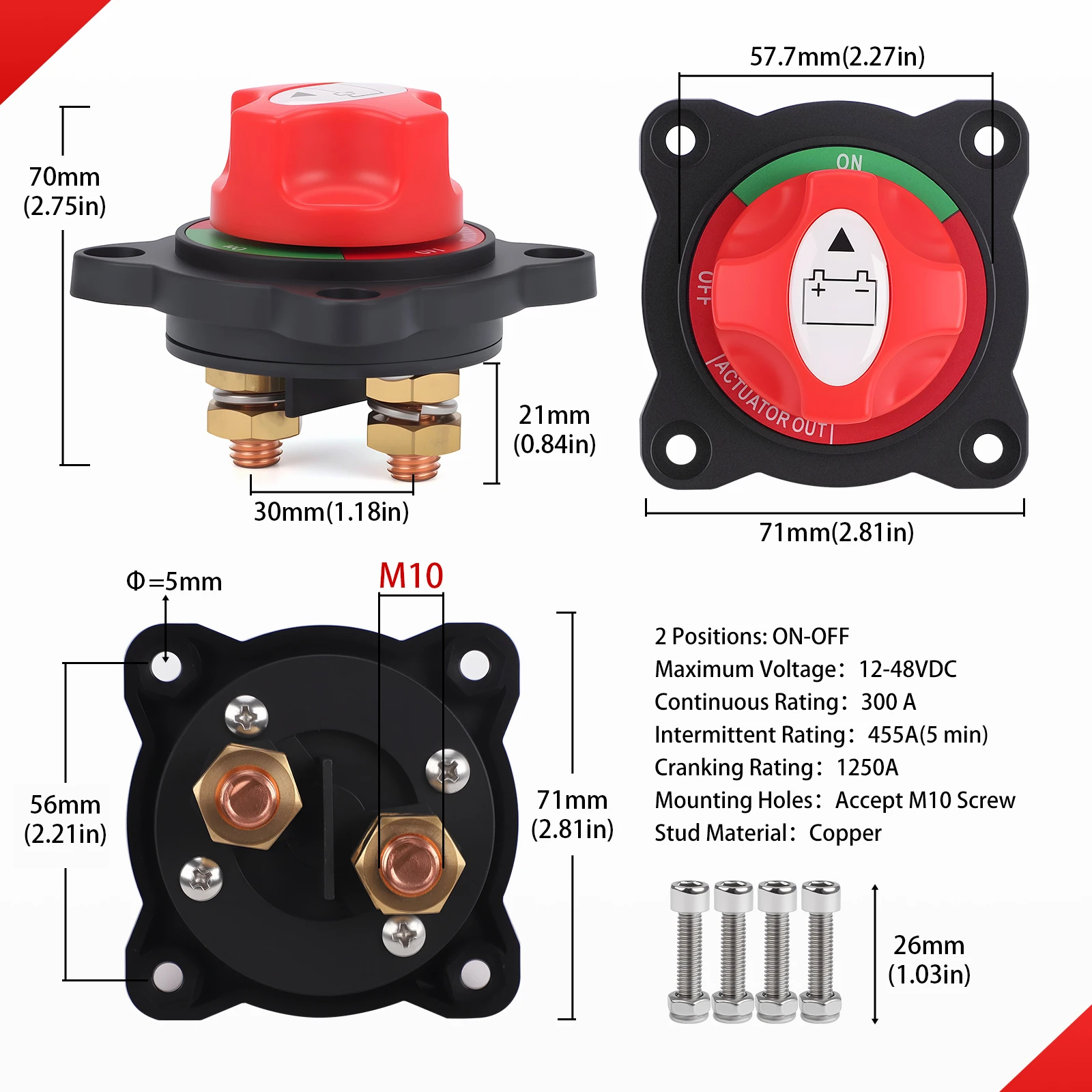Nouveau 12-48V M10 interrupteur de déconnexion de batterie de voiture 2 positions 300A interrupteur de batterie Marine interrupteur de coupure de batterie en cuivre pour camion de bateau