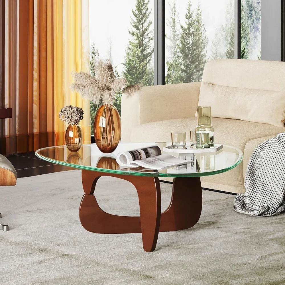 Mid Century Modern Small Glass Coffee Table with Wooden Legs, 36 Triangle Living Room Furniture, Contemporary Center Table