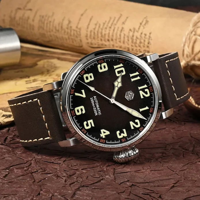 

Мужские автоматические часы San Martin, 44,5 мм, механические наручные часы Aviator, военные, с сапфировым стеклом, 10ATM, водонепроницаемые, C3, светящиеся, YN55A