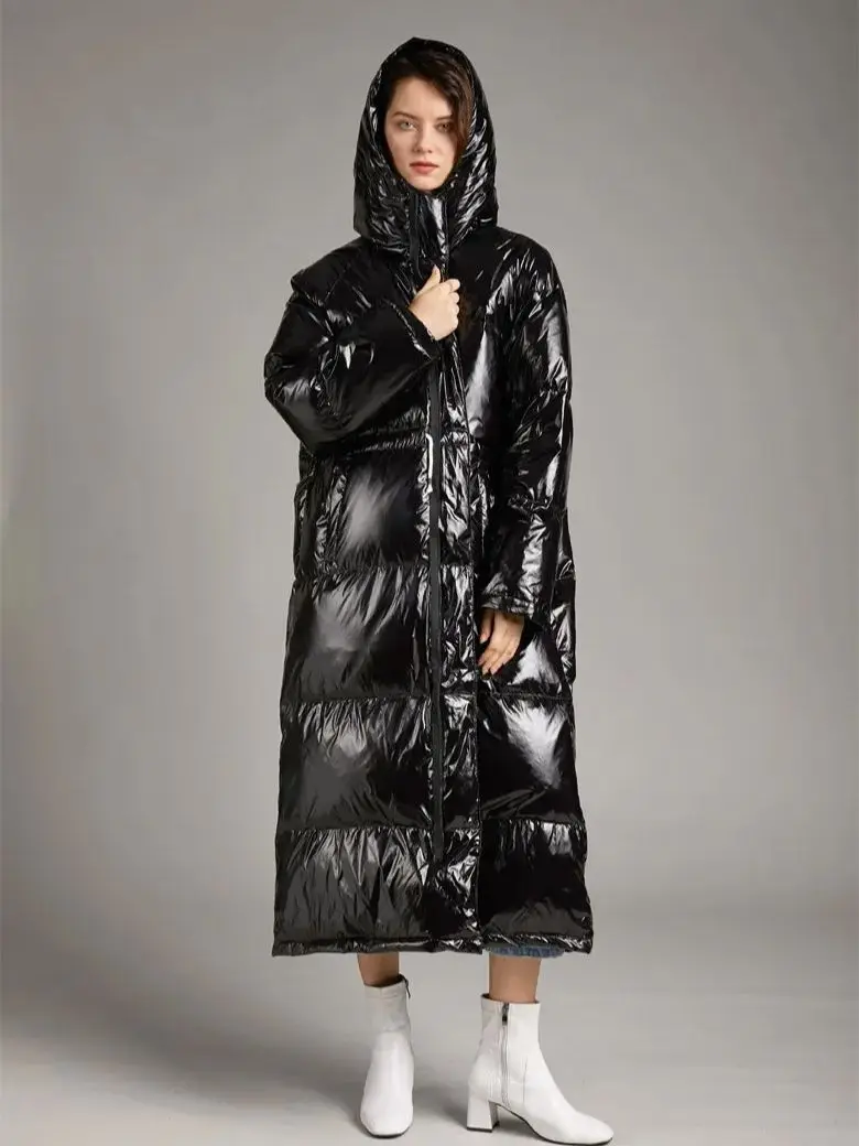 Winter European Fashion Popular Glossy X-Long White Duck Down Jacket Female Oversized Waterproof Parkas Hooded Bright Coat F474
