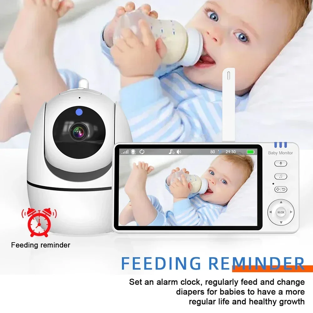 Monitor de vídeo para bebés de 5 polegadas, com câmara PTZ com zoom de 2x, Babyphone, proteção de segurança, câmaras de vigilância, canção de embalar, sensor de temperatura