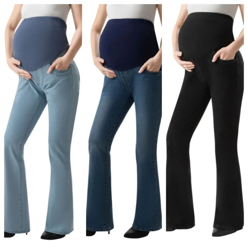 

Джинсы для беременных стрейч с карманами на животе и расклешенным низом