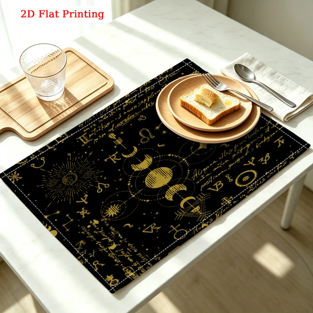 2Pcs Vintage Astrology Placemat Black Gold Zodiac Constellation Table Mat Kitchen Dining Decor Protection 30X40Cm