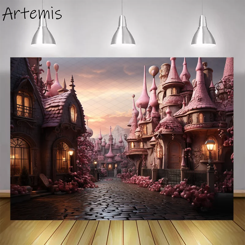 Valentine's Day Backdrop Pink Castle Spectacular Love Fairy Tale Romance Children's Birthday Portrait Background Photo Studio