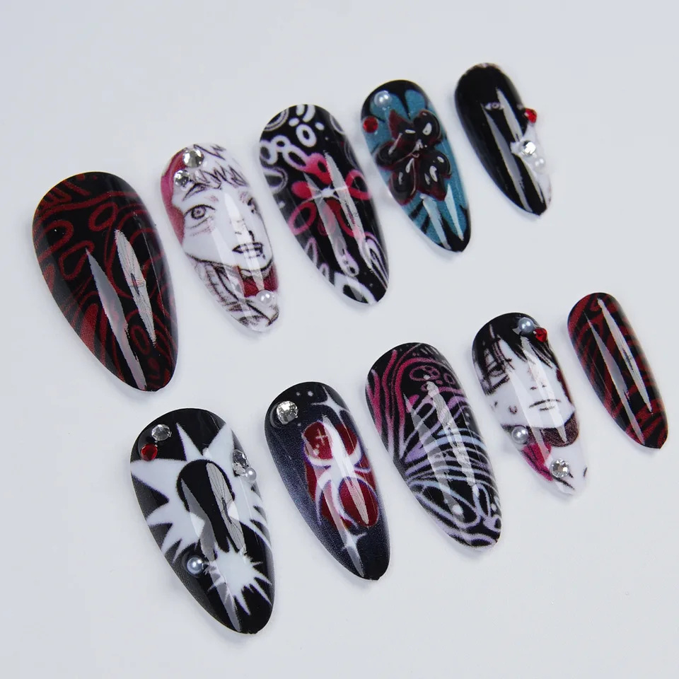 24 piezas de uñas postizas estilo anime manga, negras y rojas góticas, forma ovalada, con cristales 3D, araña y flor, estilo y2k, almendra, para mujeres 3