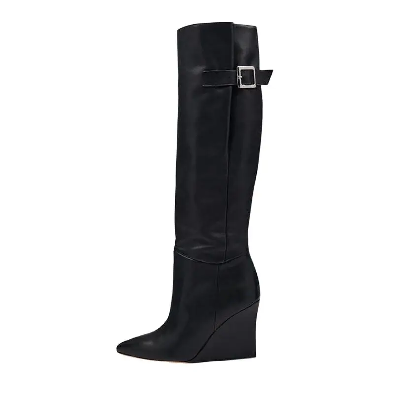 

Arden Furtado 2024 Autumn Winter Woman's Knee high boots Cowhide Pointed toe Wedges Belt buckle High-heeled Modern boots