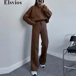 Fashion Winter Zip Long Sleeve Sweatshirt Tops & Drawstring Pant Set Outfit Autumn Slim Set Women Casual Solid High Street Suit