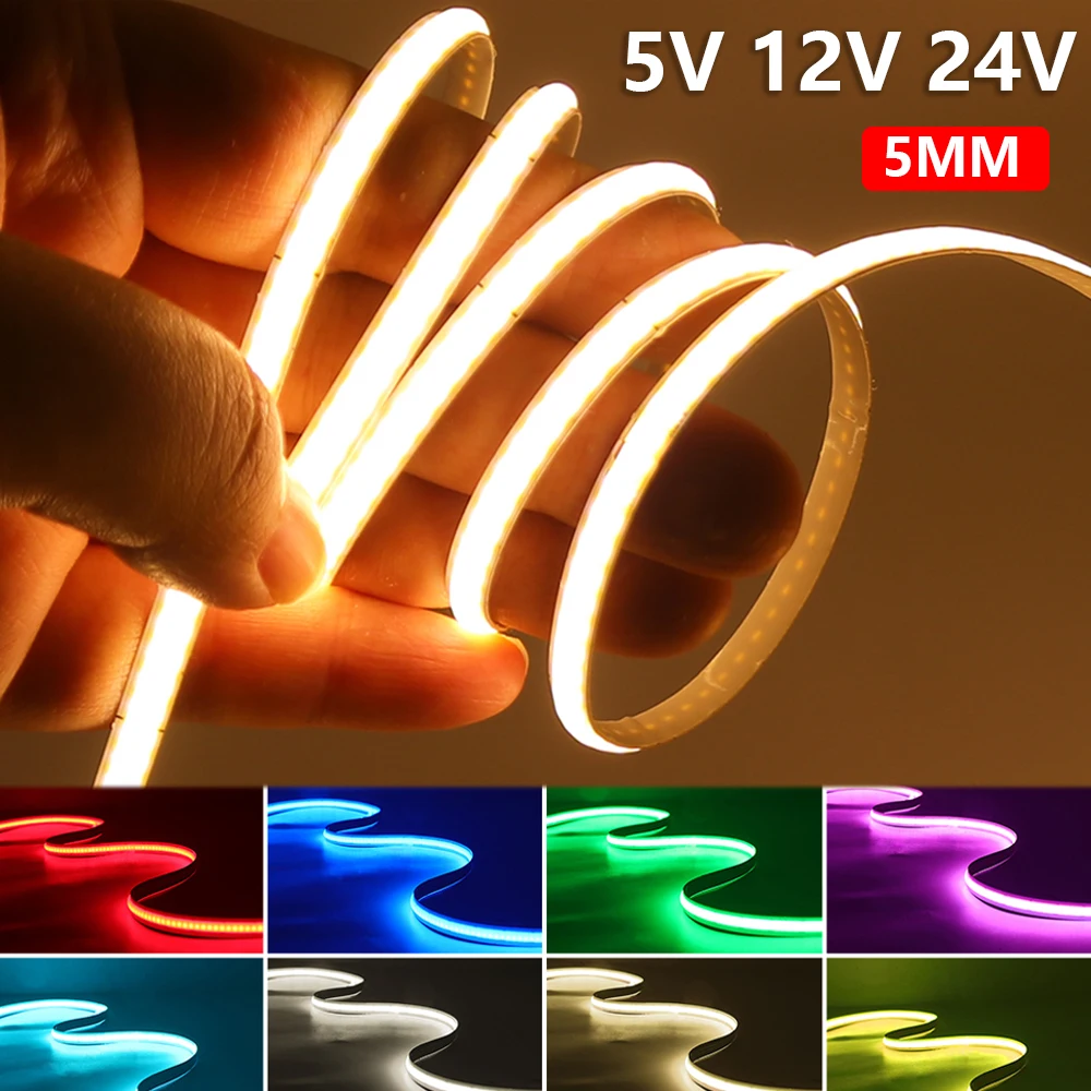 

5MM COB LED Strip 5V 12V 24V 320LEDs/m Ice Blue Warm White Red Green Blue Pink Yellow High Density Dimmable Flexible LED Tape