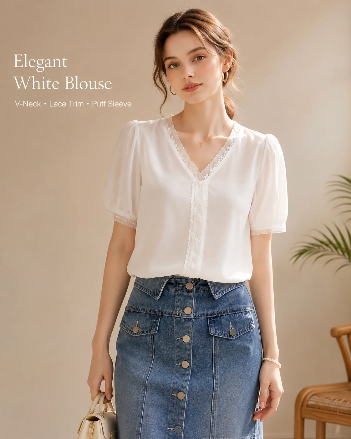 Women White Chiffon Blouse V Neck Lace Trim Puff Short Sleeve Button Front Casual Office Top Summer S-2XL