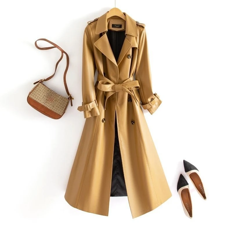 Nuevo gabardina de cuero con cuello de piel de zorro auténtica para mujer, abrigo largo por encima de la rodilla de piel de oveja para mujer, chaqueta de viaje con temperamento