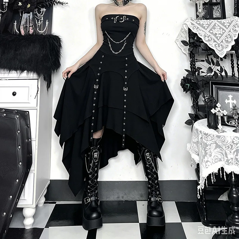 Gothic Punk Style High Waist Irregular Skirt For Women Summer Street E-girl Y2K Steampunk Casual Pleated Long Skirts Streetwear