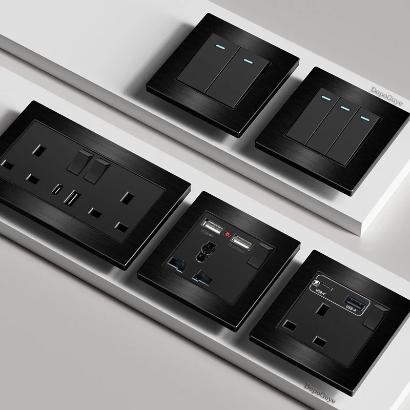 อลูมิเนียมแปรง Universal 3pin Dual USB ซ็อกเก็ต,UK 13A Type-C 18W Quick CHARGING Outlet,220V ไฟฟ้าแผงสวิตช์ไฟผนัง