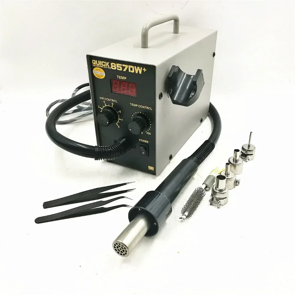 QUICK 857DW Electric Soldering Irons – Adjustable Hot Air Heat Gun with Helical Wind 580W SMD Rework Station and 4 Air Nozzles