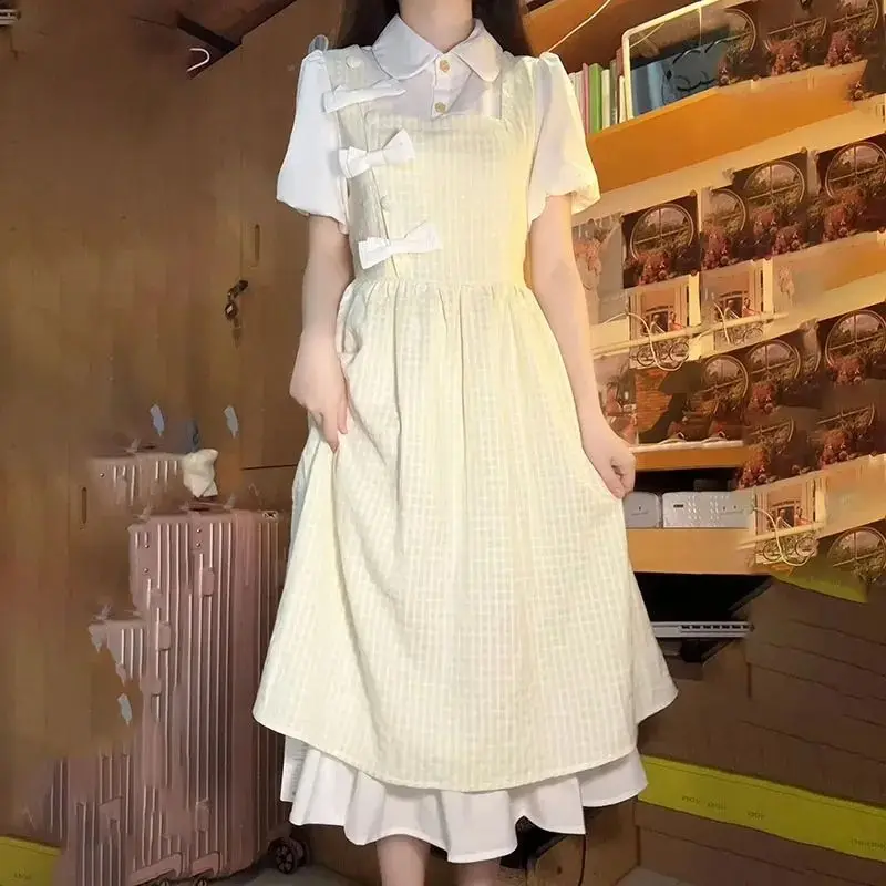 

Sweet College Style Bow Fake Two-piece Splicing Dress Female Student Korean Version High Waist Thin Fluffy First Love Dress