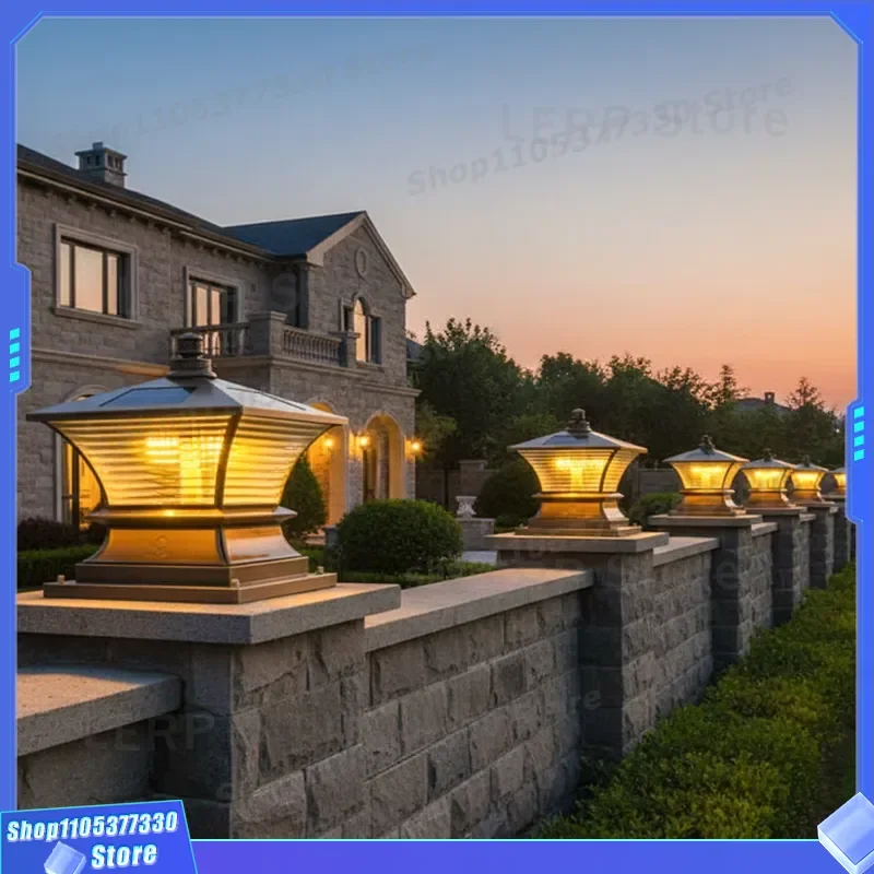 New Chinese Style All Copper Solar Stigma Lamp Outdoor Waterproof Villa Gate Pillar Light Advanced Courtyard Fence Wall