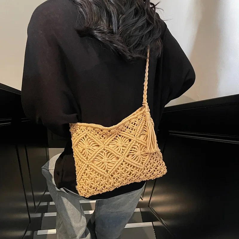 

New 2025 Mori Style! Handmade Cotton Rope Woven Bag with Fringes. Stylish Straw Tote for Women, Single Shoulder & Casual