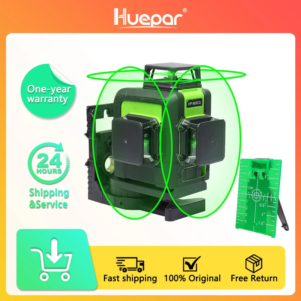 Huepar 12 Lines 3D Cross Line Laser Level Green Laser Beam Line Self-Leveling 360 Vertical & Horizontal Cross Super Powerful