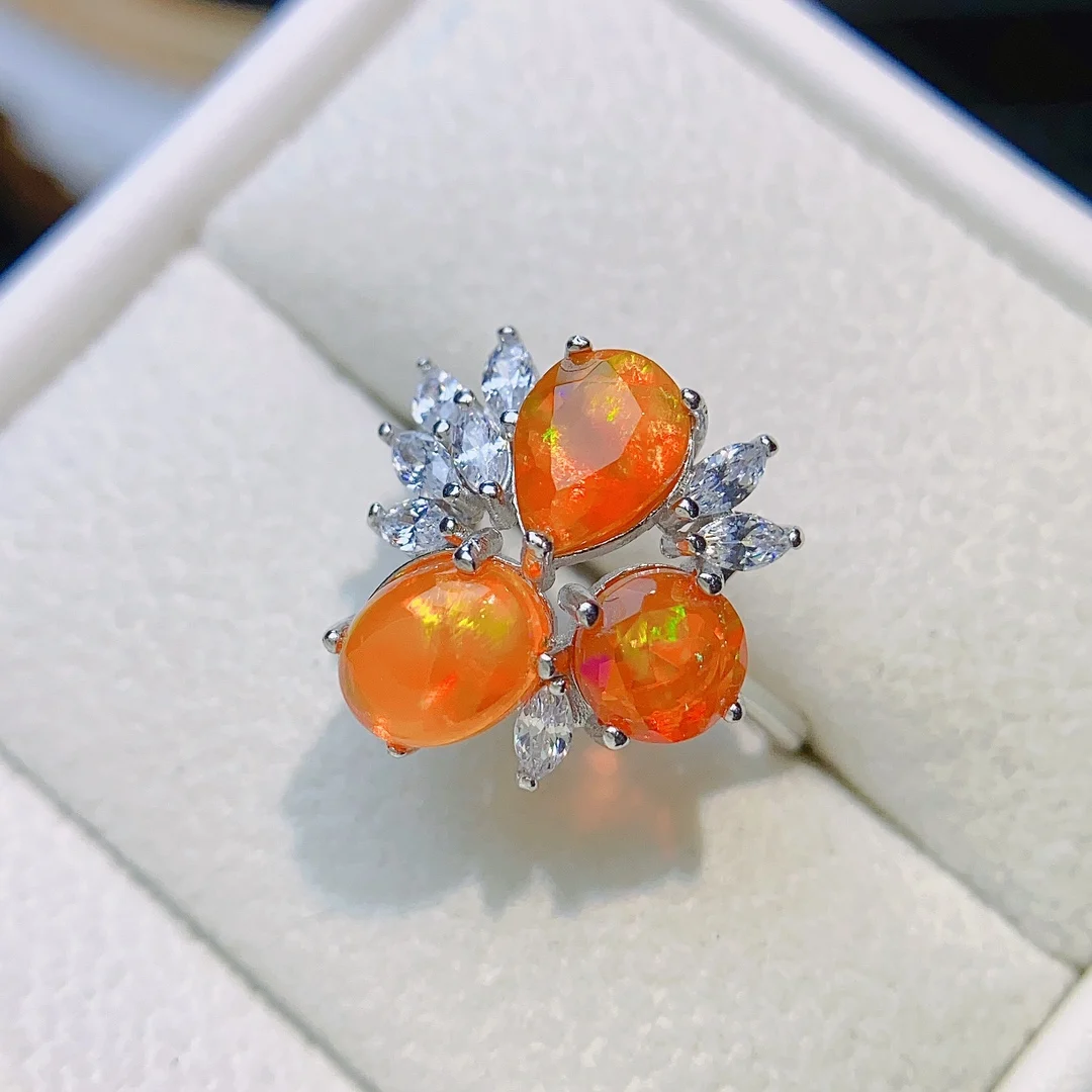 Beautiful Natural Orange Fire Opal Three Stone Ring 925 Sterling Silver Birthstone Fire Opal Engagement Promise Rings For Women