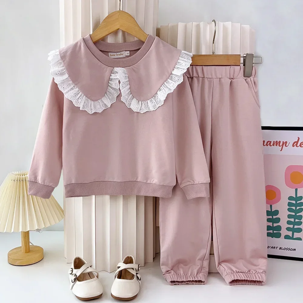 Herbst Sweatshirt Sets Kinder Kleidung Mädchen Outfits rosa Spitze Puppen kragen Langarm Top weites Bein Hosen 2-teiliges Set