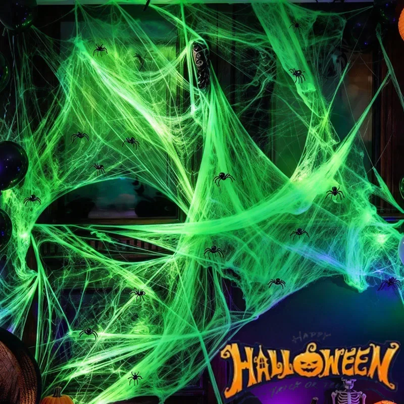 1/2Set Halloween Spider Web Cotton Glow Decorations Luminous Spider Web Haunted House Escape Room Horror Party Scene Decor