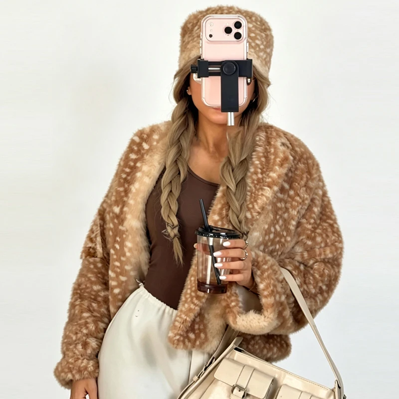 Women Deer Print Faux Fur Jacket Lapel Oversized Loose Fit Winter Warm Short Coat Vintage Chic Casual Street Ladies Outerwear