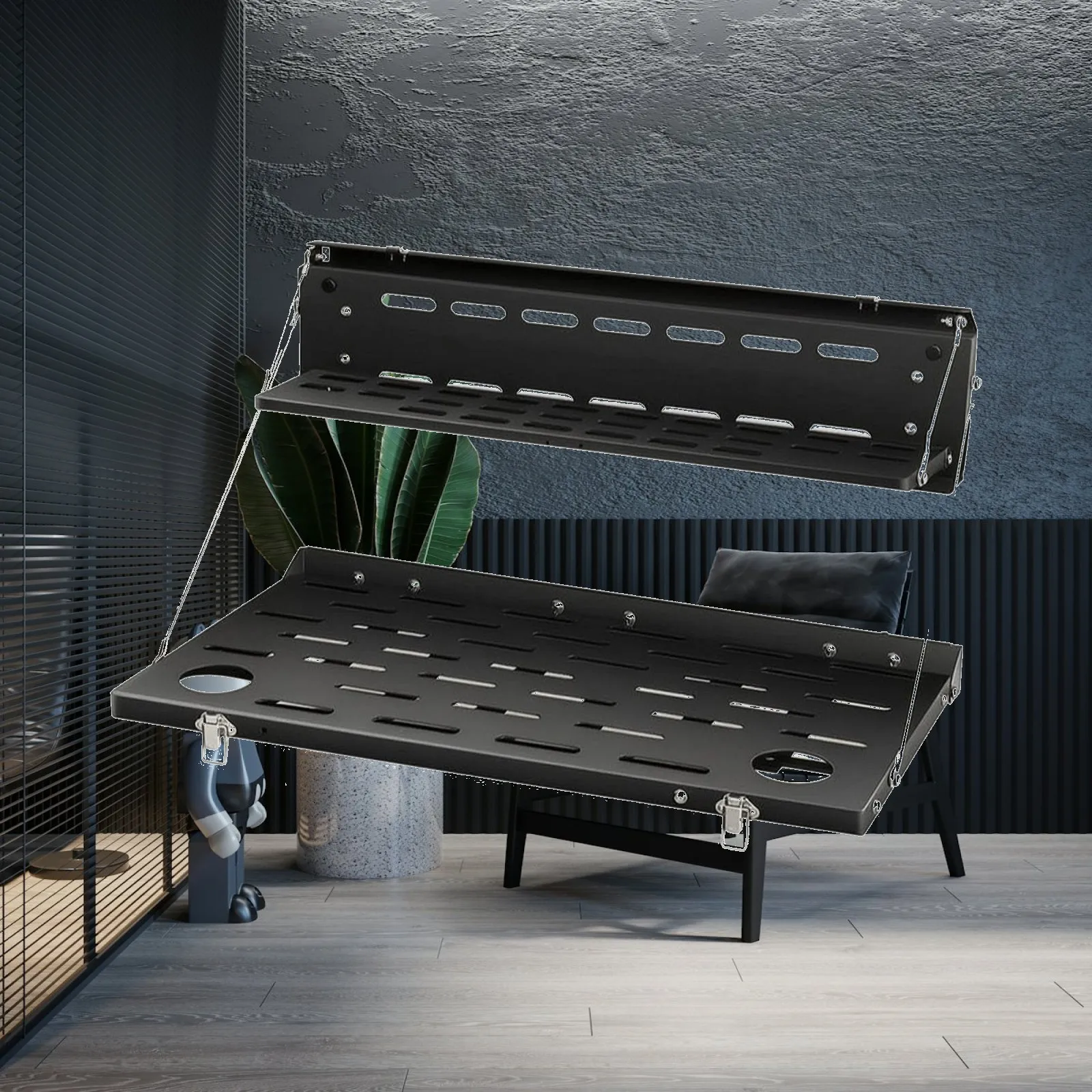 Two-Tier Tailgate Table Stable Foldable Double-Layer Shelf Tailgate Shelf with Support Cables Black Low-Profile for Campers