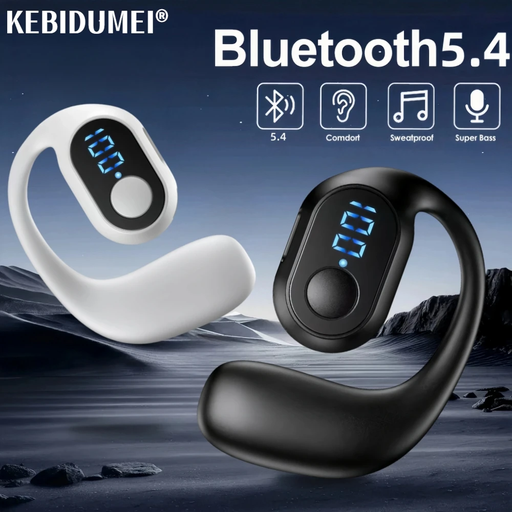 Lightweight Wireless Earphone Bluetooth 5.4 Bone Conduction Headphone Ear Hook LED Display HD Calling Mic Surround Sound Earbud