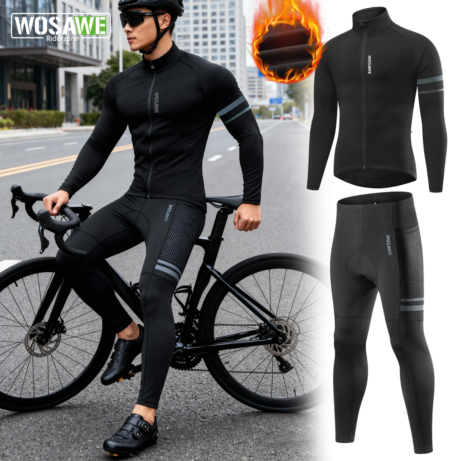 

WOSAWE Fleece Men's Cycling Jacket Winter Cycling Sets Warm Long-sleeved Suit Windproof Bike Bicycle Jacket Pants Riding Suit