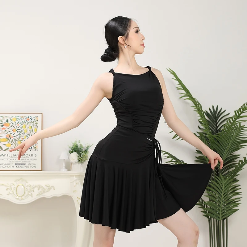 Summer Sleeveless Latin Dance Dress Women Frill Dance Skirt Set Rumba Tango Training Clothes Dancer Practice Wear Black VDL3808