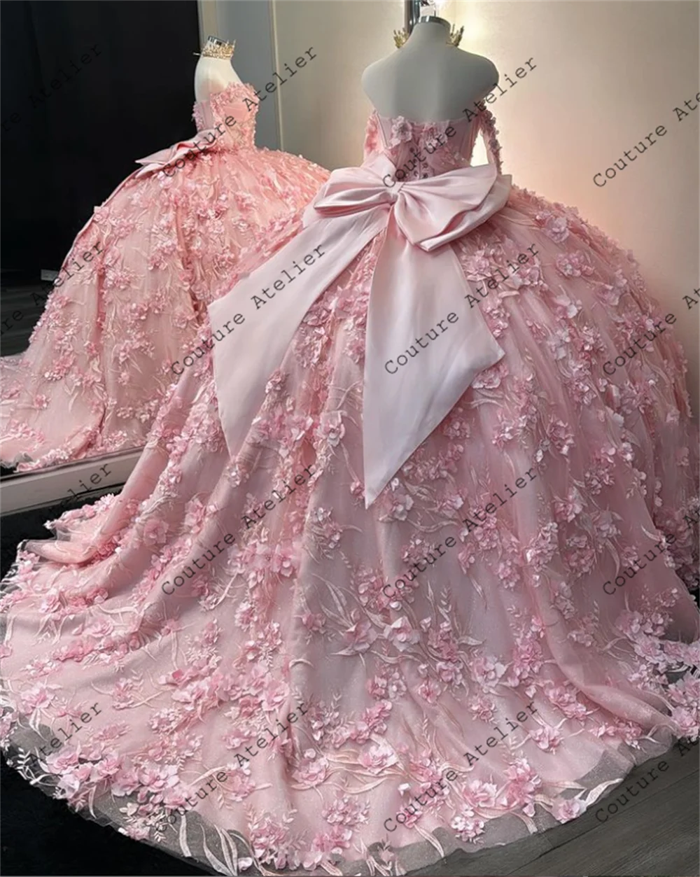 Lovely Pink 3D Flowers Three Quarter Sleeve Quinceanera Dresses Ball Gown 2024 Bow Sweetheart Sweet 16 Dress Wedding Customized