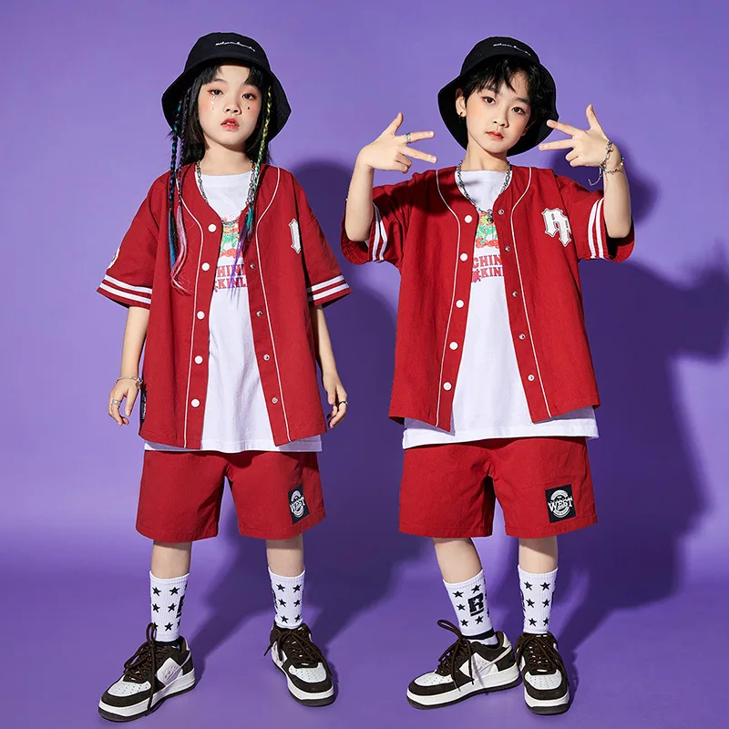 Kid Kpop Hip Hop Wine Red Baseball Cardigan Shirt Short Sleeve Top Casual Summer Shorts for Girl Boy Jazz Dance Costume Clothes