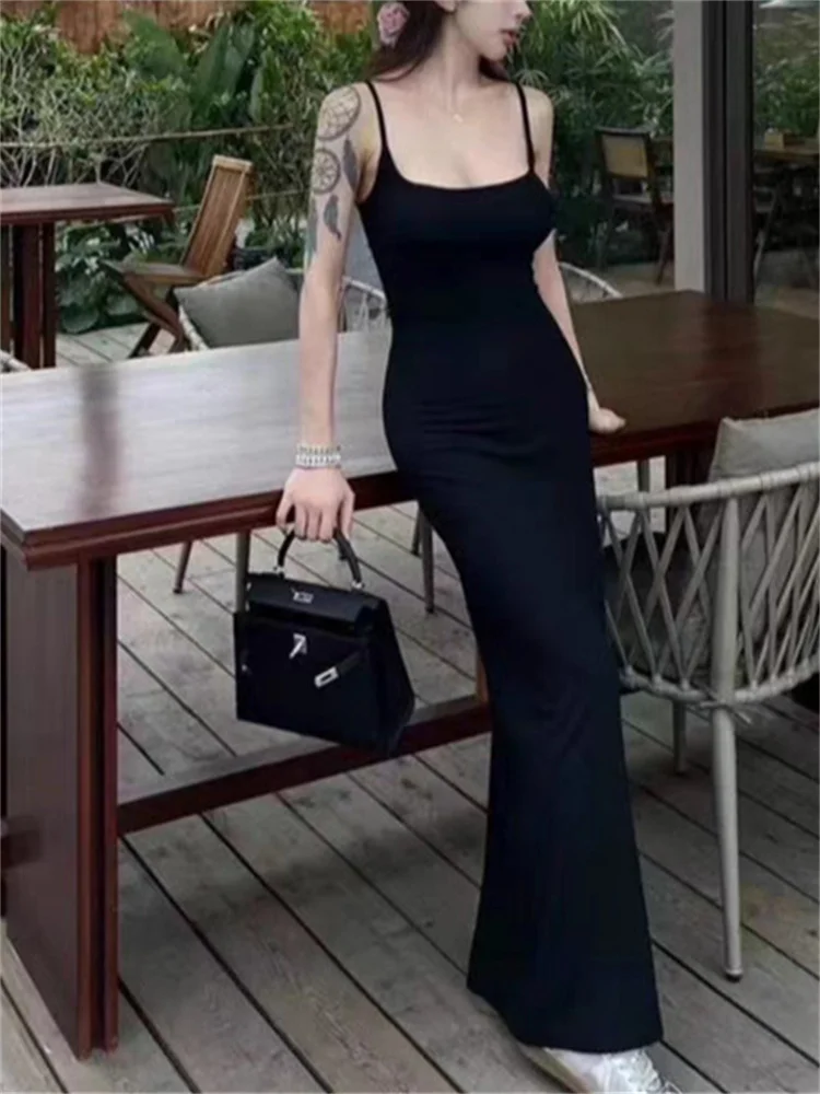 3 Colors Women' Slim Fit Package Hip Camisole Dress Sleeveless Square Collar Sexy Ladies Long Robes 2024 Summer New