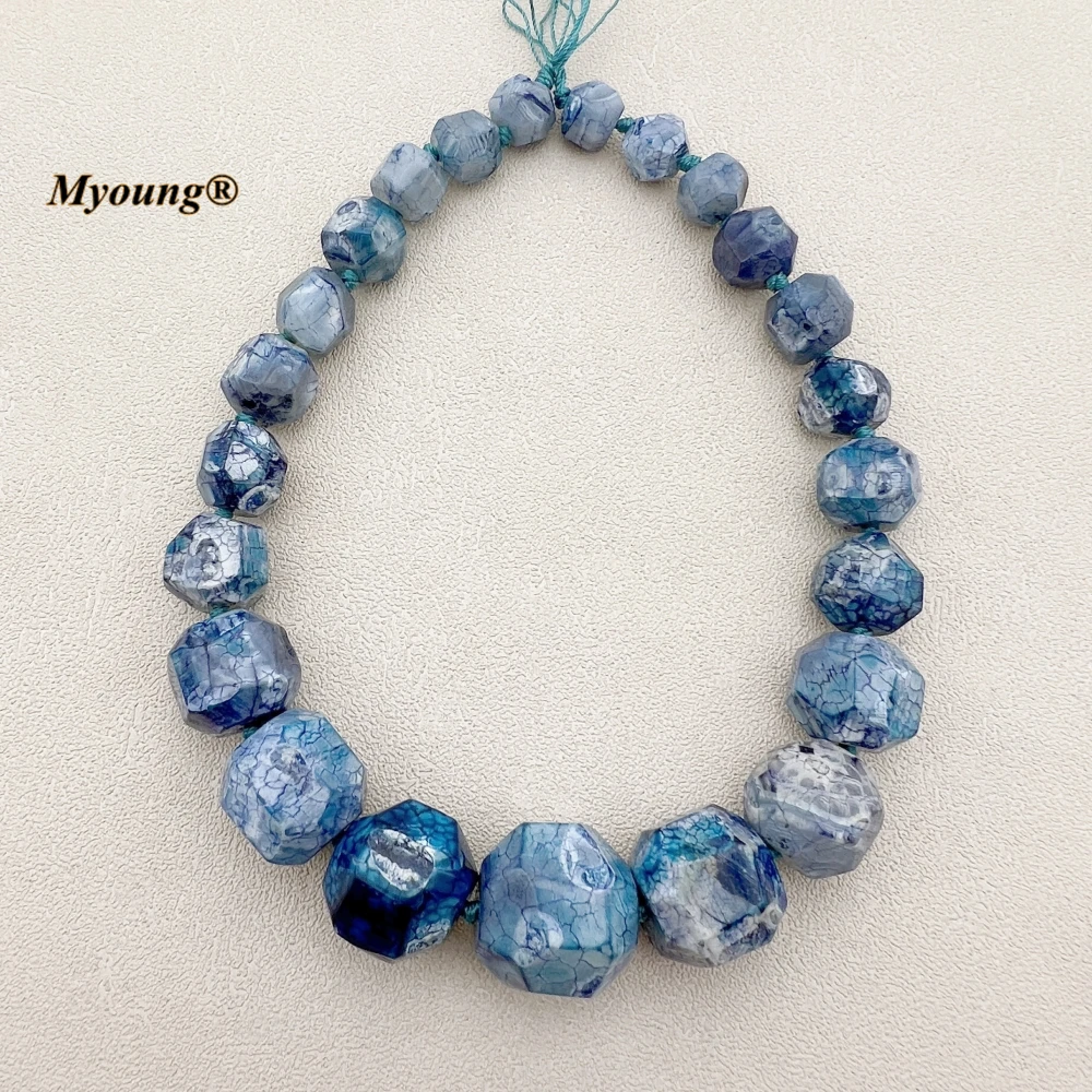 Graduated Latge Faceted Blue Dragon Veins Agates Cutting Nugget Ball Beads For DIY Choker Necklace Making  MY231031