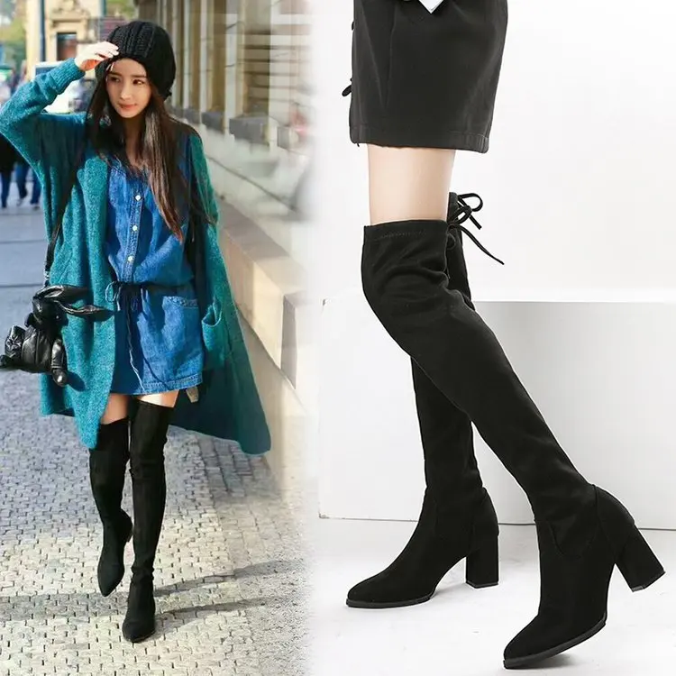 

Elastic Slimming Large Size Long Boots Spring Autumn New Sle Thi Heel High Heel Long Tube Women Boots over Knee Boots