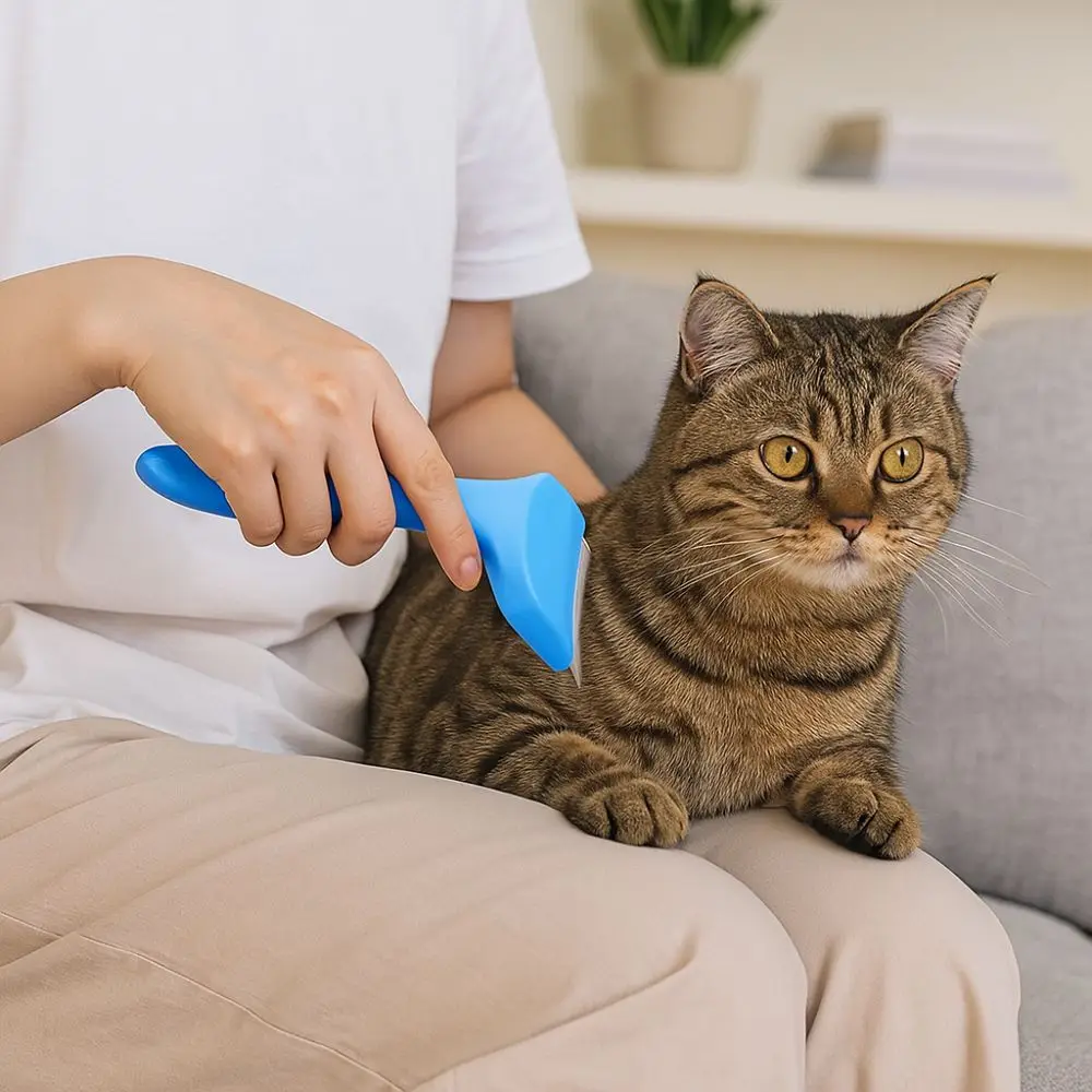 فرشاة تنظيف فعالة على شكل حرف V غير معقودة مقبض مريح مشط إزالة الشعر للقطط الاستخدام المزدوج مشط إزالة شعر الحيوانات الأليفة تنظيف الحيوانات الأليفة